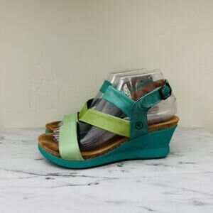 Wanda Panda Meryl Green And Blue Leather Wedge Sandals Women’s Size 6.5